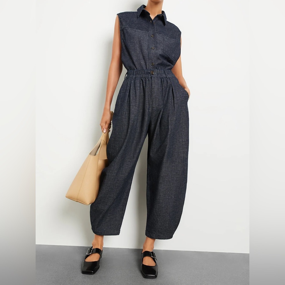SOEUR Charlotte Sleeveless Shirt + Vernon Barrel Wide Leg Pants in Blue Black
